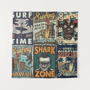 Vintage colourful surfing posters set with surf bu tapestry