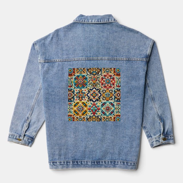 Vintage Colourful Tiles Pattern Denim Jacket (Back)