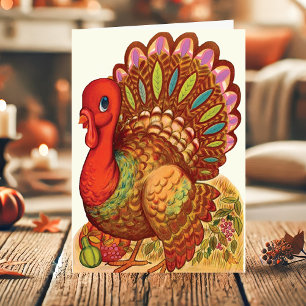 Vintage Colourful Turkey Thanksgiving Holiday Card