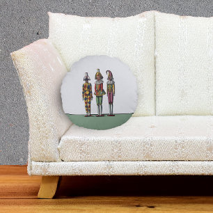 Vintage Colourful Whimsical Three Jester Dolls Round Cushion