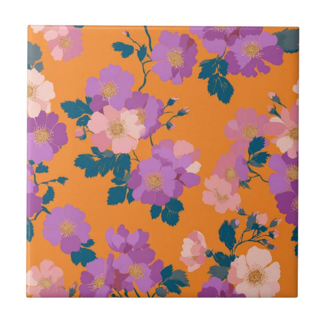 Vintage Colourful Wild Roses Pattern Ceramic Tile (Front)