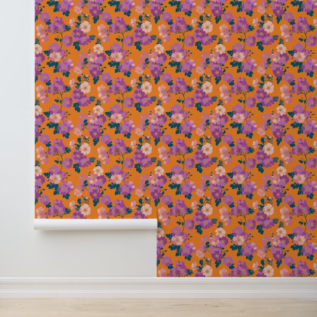 Vintage Colourful Wild Roses Pattern Wallpaper (Application)