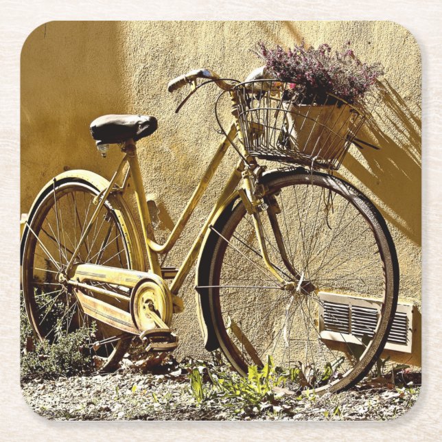 Vintage Colourful Yellow Bicycle    Square Paper Coaster (Front)