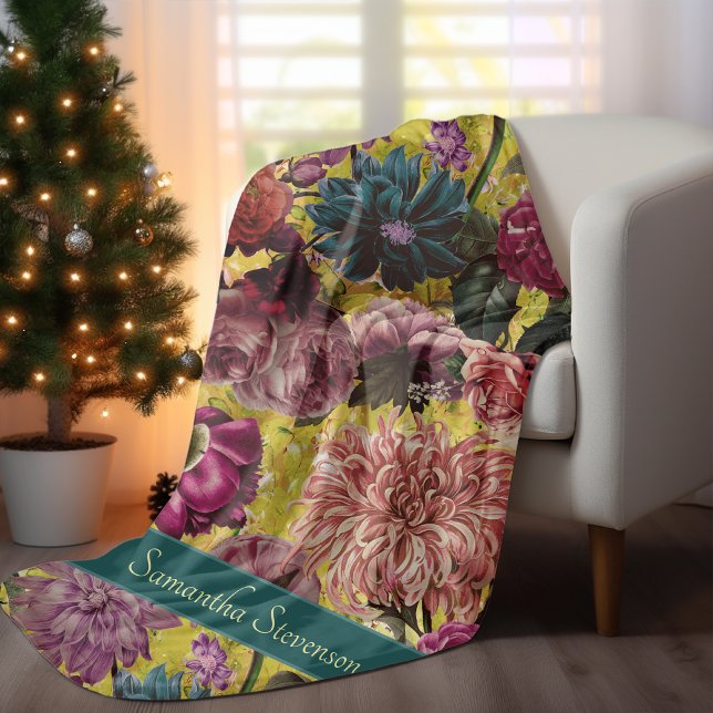 Vintage colourful yellow Floral monogrammed Fleece Blanket (Creator Uploaded)
