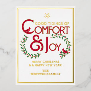 Vintage Comfort and Joy Christmas Cardinals Custom Foil Holiday Postcard