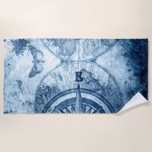 Vintage Compass Blue Grunge Nautical Sea Chart Beach Towel