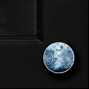 Vintage Compass   Blue Grunge Nautical Sea Chart Ceramic Knob