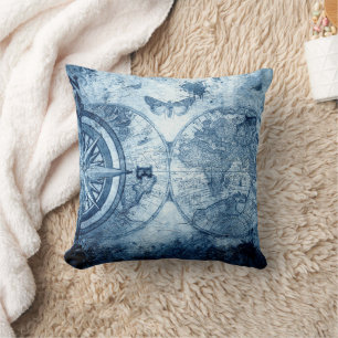 Vintage Compass   Blue Grunge Nautical Sea Chart Cushion