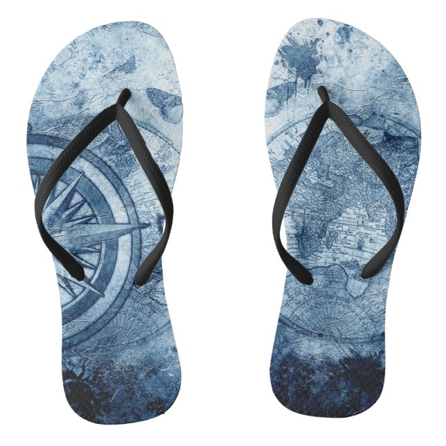 Vintage Compass | Blue Grunge Nautical Sea Chart Thongs (Footbed)