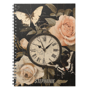 Vintage Compass Butterfly Floral Brown Notebook