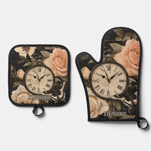 Vintage Compass Butterfly Floral Brown Oven Mitt & Pot Holder Set