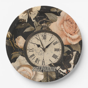 Vintage Compass Butterfly Floral Brown Paper Plate