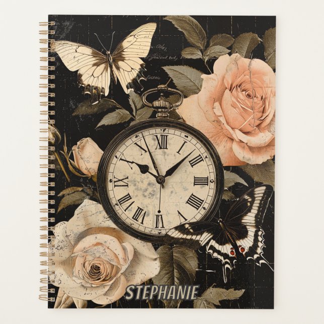 Vintage Compass Butterfly Floral Brown Planner (Front)