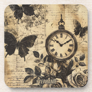 Vintage Compass & Butterfly - Rustic Paper (1) Coaster