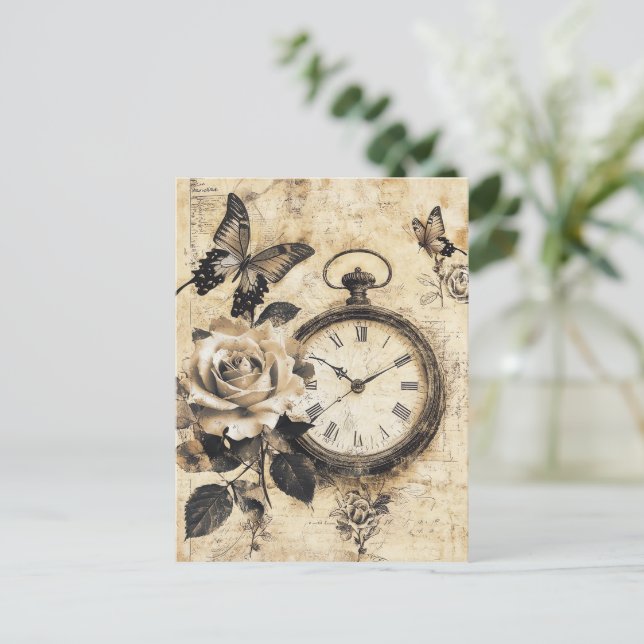 Vintage Compass & Butterfly - Rustic Paper (2) Postcard (Standing Front)