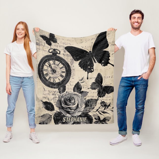 Vintage Compass & Butterfly - Rustic Paper (3) Fleece Blanket (In Situ)