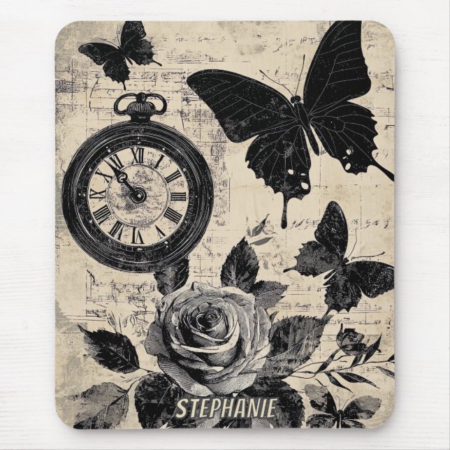 Vintage Compass & Butterfly - Rustic Paper (3) Mouse Pad (Front)