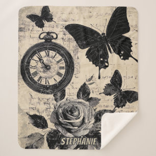 Vintage Compass & Butterfly - Rustic Paper (3) Sherpa Blanket