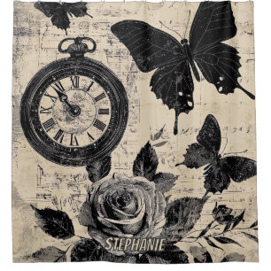 Vintage Compass & Butterfly - Rustic Paper (3) Shower Curtain