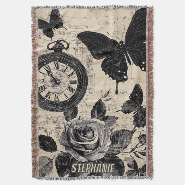 Vintage Compass & Butterfly - Rustic Paper (3) Throw Blanket (Front Vertical)