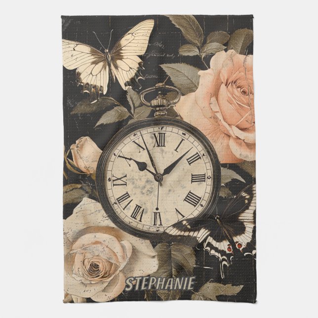 Vintage Compass & Butterfly - Rustic Paper (5) Tea Towel (Vertical)