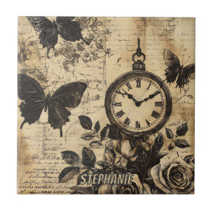 Vintage Compass & Butterfly - Rustic Paper Ceramic Tile