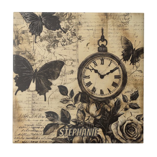 Vintage Compass & Butterfly - Rustic Paper Ceramic Tile (Front)