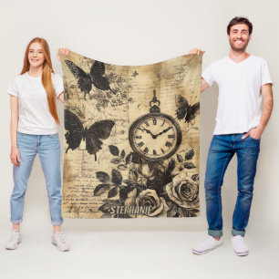 Vintage Compass & Butterfly - Rustic Paper Fleece Blanket