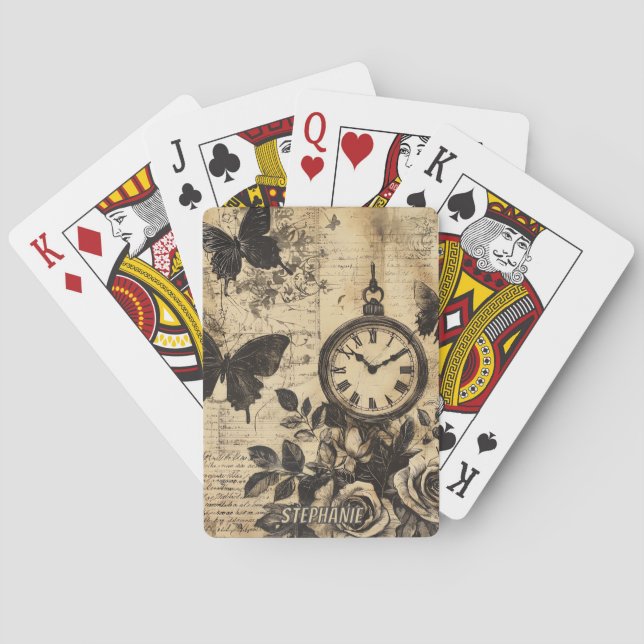 Vintage Compass & Butterfly - Rustic Paper Playing Cards (Back)