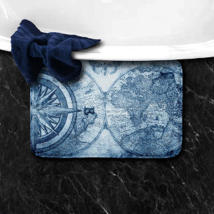 Vintage Compass Decor Blue Grunge Nautical Chart Bath Mat