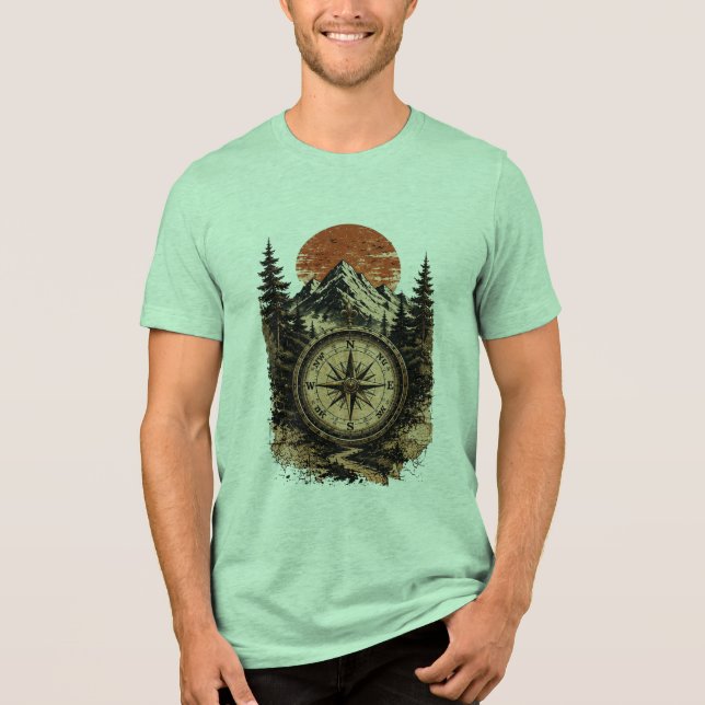 Vintage Compass Mountain Sunset Design Tri-Blend Shirt (Front)