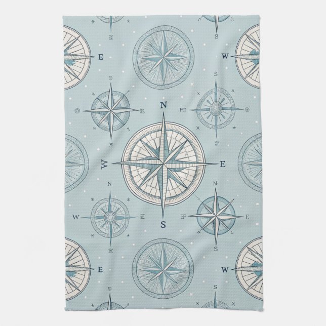 Vintage Compass Nautical Seamless Pattern (1) Tea Towel (Vertical)