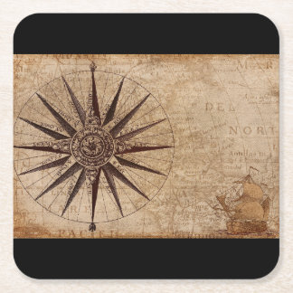 Vintage compass rose square paper coaster