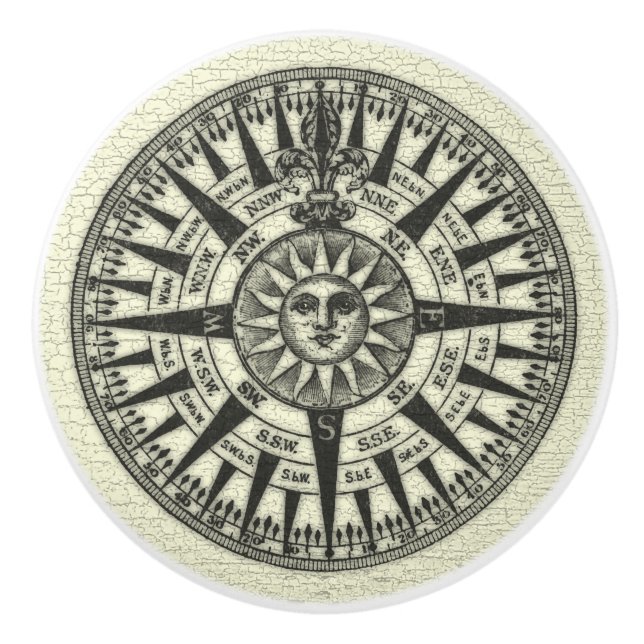 Vintage Compass Rose Sun Ceramic Knob (Front)