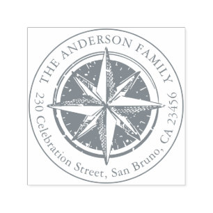 Vintage Compass Round Family Name & Return Address Self-inking Stamp