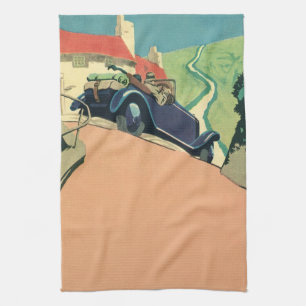 Vintage Convertible Car Road Trip in the Country Tea Towel