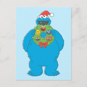 Vintage Cookie Monster Christmas Wreath Postcard
