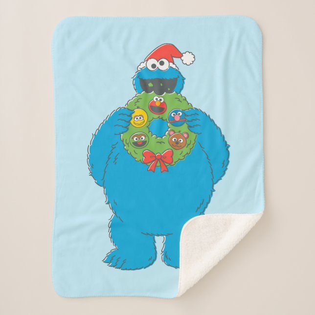 Vintage Cookie Monster Christmas Wreath Sherpa Blanket (Front)