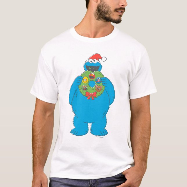 Vintage Cookie Monster Christmas Wreath T-Shirt (Front)