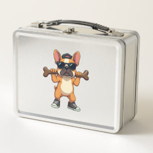 Vintage Cool French Bulldog Carrying Bone Cartoon Metal Lunch Box
