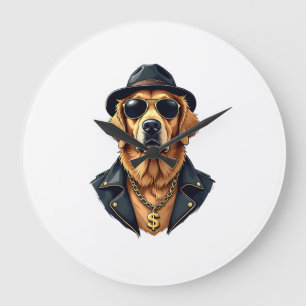 Vintage Cool Golden Retriever Dog in Sunglasses an Large Clock
