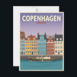 Vintage Copenhagen Denmark Travel Postcard<br><div class="desc">A charming, vintage-style travel poster featuring the colourful Nyhavn harbour in Copenhagen, Denmark. The illustration showcases the iconic row of brightly painted townhouses reflected in the calm water, with a classic boat sailing in the foreground. This retro-inspired design captures the unique and cosy atmosphere of the Danish capital, making it...</div>