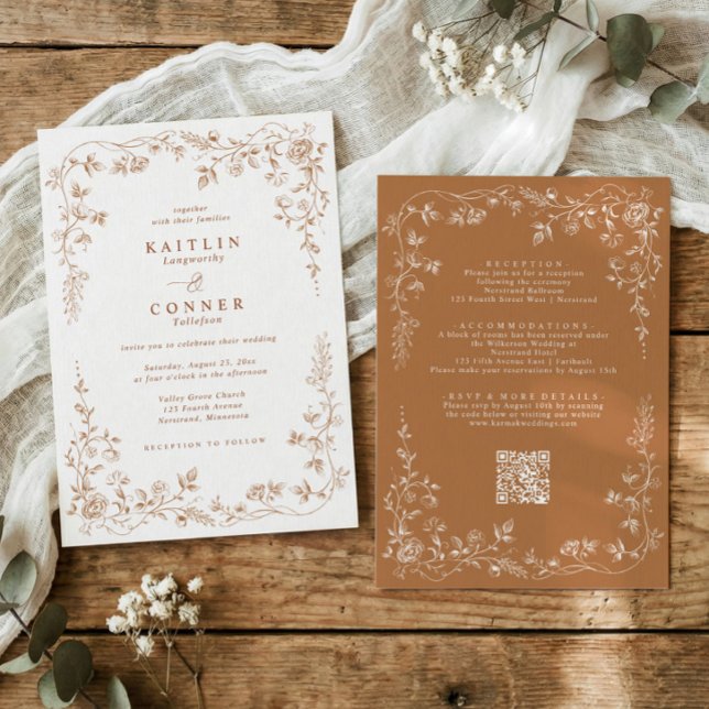 Vintage Copper Terracotta French Floral Wedding Invitation (copper floral wedding invitation with romantic Victorian toile de jouy style frame)