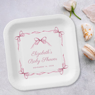 Vintage Coquette Bows Pink Baby Girl Shower Paper Plate