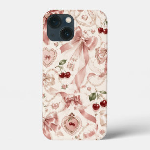 Vintage Coquette Pink Bow & Cherry Aesthetic iPhone 13 Mini Case