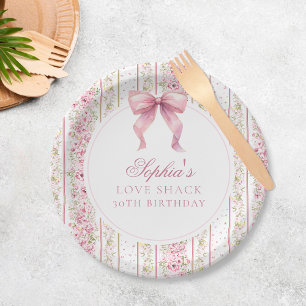 Vintage Coquette Pink Bow Love Shack Birthday Paper Plate