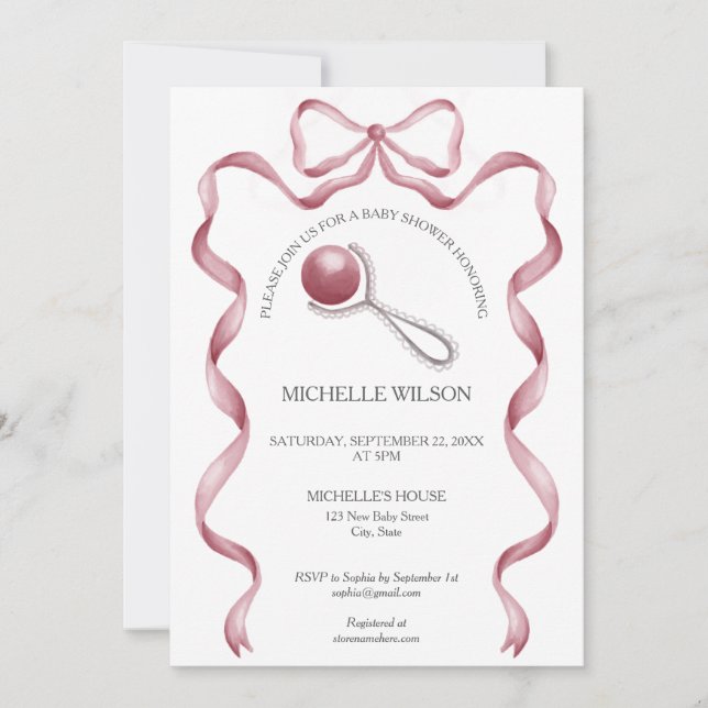 Vintage Coquette Pink Ribbon Bow Baby Girl Invitation (Front)