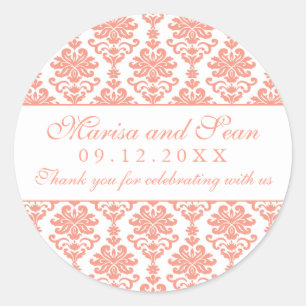Vintage Coral and White Damask Wedding Classic Round Sticker