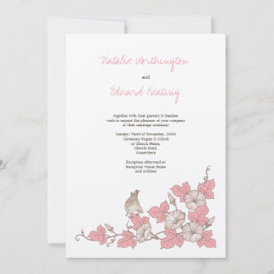 Vintage Coral Bird & Flowers Wedding Invitation