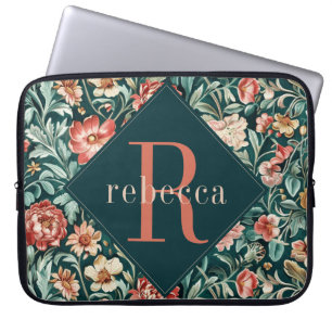 Vintage Coral Floral William Morris Monogram Laptop Sleeve